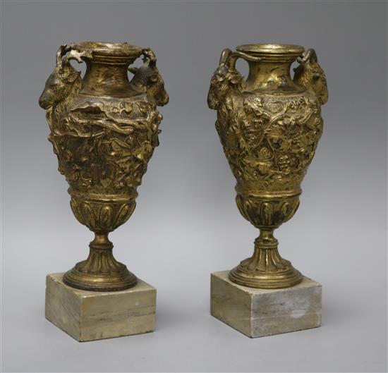 A pair of 19th century bronze vases, grey marble plinths height 23.5cm